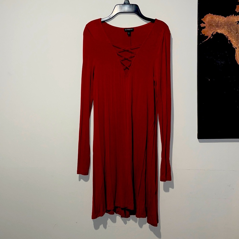 Express long sleeve skater dress burnt orange